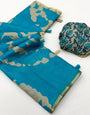Sonorous Sky Printed Cotton Silk Saree With Glittering Blouse Piece