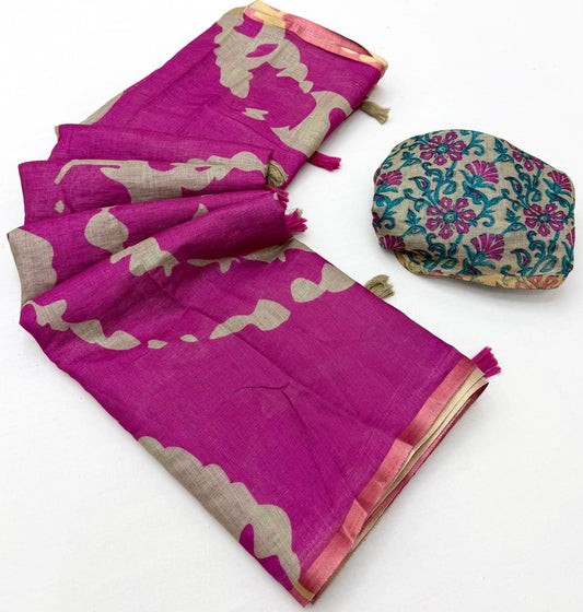 Magnetic Purple Printed Cotton Silk Saree With Delectable Blouse Piece