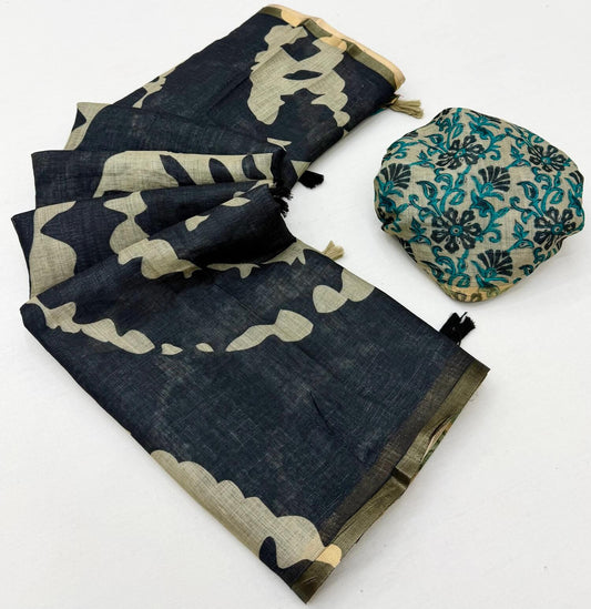 Demure Black Printed Cotton Silk Saree With Conflate Blouse Piece