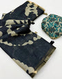 Demure Black Printed Cotton Silk Saree With Conflate Blouse Piece