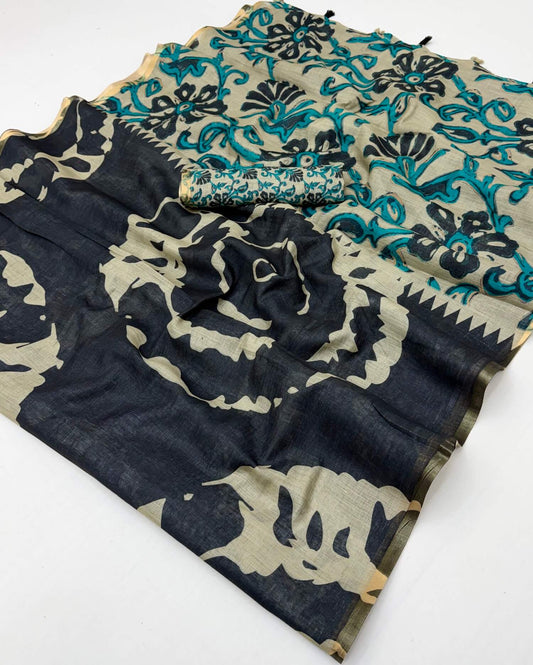 Demure Black Printed Cotton Silk Saree With Conflate Blouse Piece