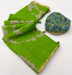 Traditional Parrot Printed Cotton Silk Saree With Profuse Blouse Piece