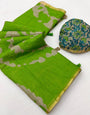 Traditional Parrot Printed Cotton Silk Saree With Profuse Blouse Piece