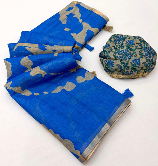 Marvellous Royal Blue Printed Cotton Silk Saree With Enticing Blouse Piece