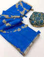 Marvellous Royal Blue Printed Cotton Silk Saree With Enticing Blouse Piece