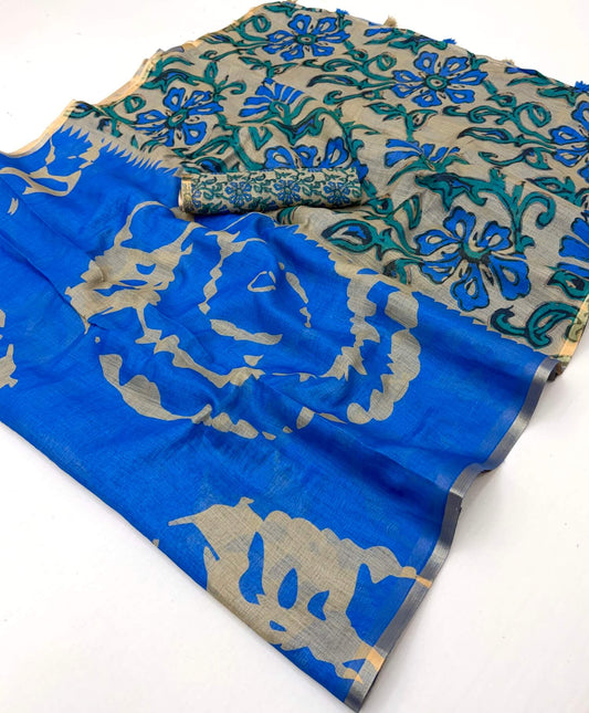 Marvellous Royal Blue Printed Cotton Silk Saree With Enticing Blouse Piece