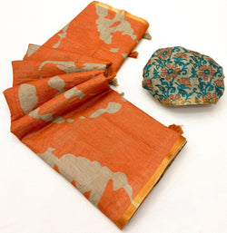 Luxuriant Orange Printed Cotton Silk Saree With Surpassing Blouse Piece