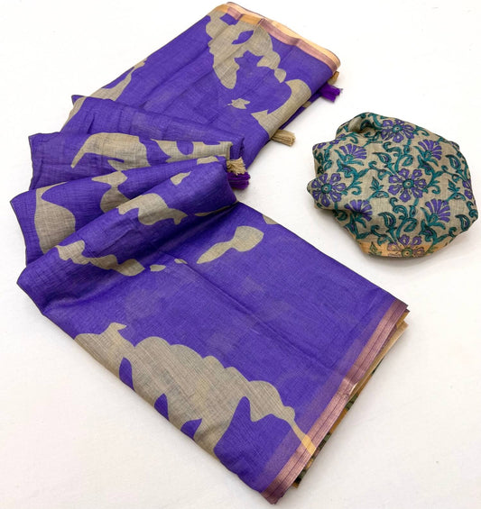 Stunning Royal Purple Printed Cotton Silk Saree With Surreptitious Blouse Piece