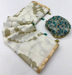 Comely Beige Printed Cotton Silk Saree With Vestigial Blouse Piece