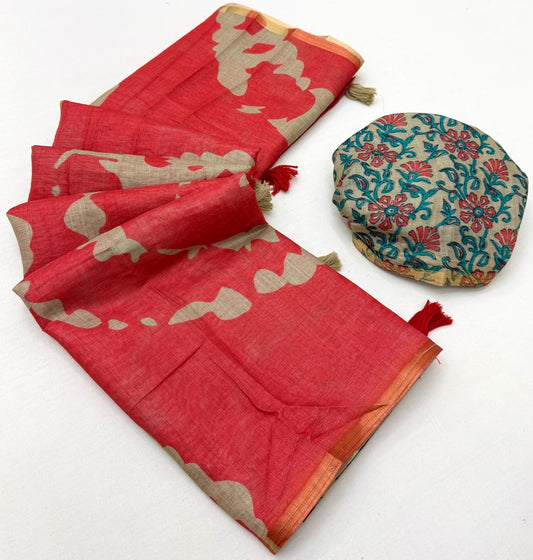 Sumptuous Red Printed Cotton Silk Saree With Gorgeous Blouse Piece