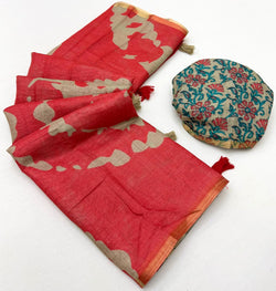 Sumptuous Red Printed Cotton Silk Saree With Gorgeous Blouse Piece