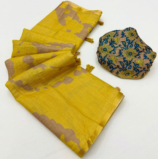 Fantabulous Yellow Printed Cotton Silk Saree With Resonant Blouse Piece