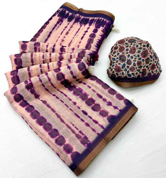 Alluring Peach Printed Cotton Silk Saree With Imaginative Blouse Piece