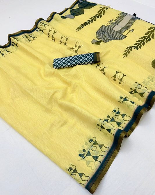 Designer Yellow Printed Cotton Silk Saree With Unequalled Blouse Piece