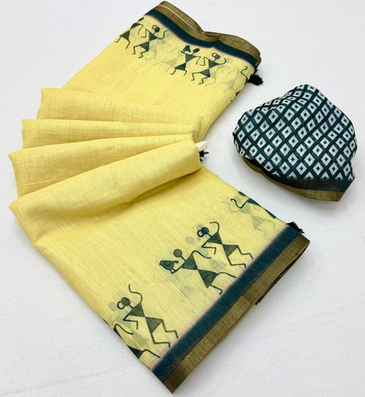 Designer Yellow Printed Cotton Silk Saree With Unequalled Blouse Piece