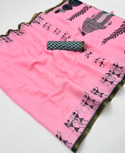 Moiety Pink Printed Cotton Silk Saree With Amiable Blouse Piece