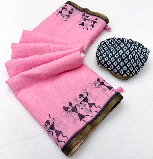 Moiety Pink Printed Cotton Silk Saree With Amiable Blouse Piece