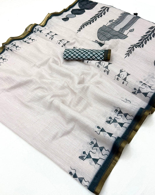 Murmurous Off White Printed Cotton Silk Saree With Wonderful Blouse Piece