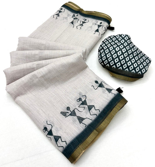 Murmurous Off White Printed Cotton Silk Saree With Wonderful Blouse Piece