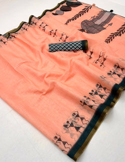 Prettiest Peach Printed Cotton Silk Saree With Beleaguer Blouse Piece