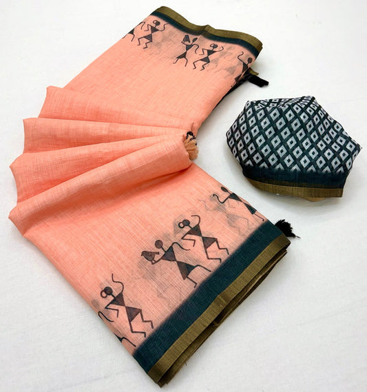 Prettiest Peach Printed Cotton Silk Saree With Beleaguer Blouse Piece