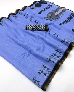 Snappy Blue Printed Cotton Silk Saree With Exceptional Blouse Piece
