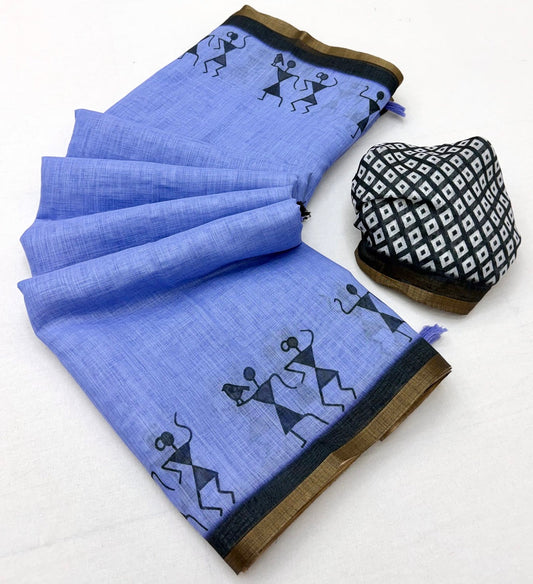 Snappy Blue Printed Cotton Silk Saree With Exceptional Blouse Piece