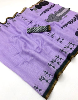 Enticing Lavender Printed Cotton Silk Saree With Traditional Blouse Piece