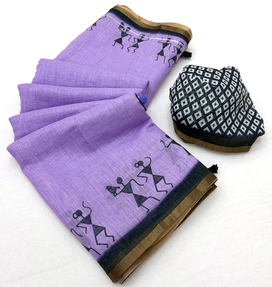 Enticing Lavender Printed Cotton Silk Saree With Traditional Blouse Piece