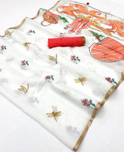 Exquisite Off White Printed Cotton Silk Saree With Rhapsody Blouse Piece