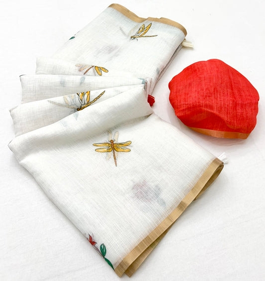 Exquisite Off White Printed Cotton Silk Saree With Rhapsody Blouse Piece