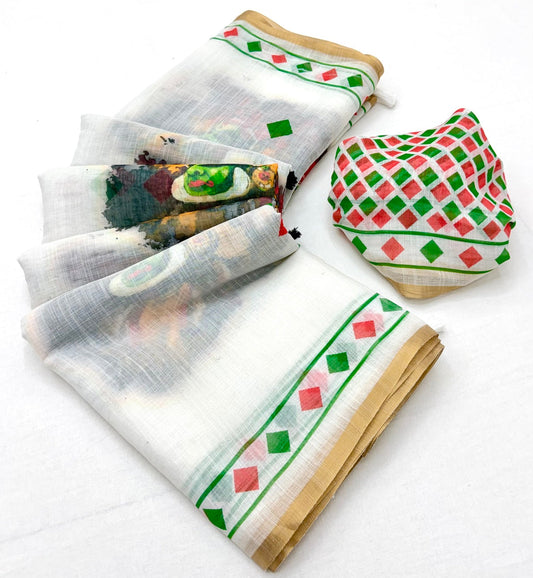 Surreptitious Off White Printed Cotton Silk Saree With Bewitching Blouse Piece