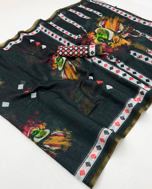 Breathtaking Black Printed Cotton Silk Saree With Unique Blouse Piece