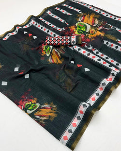 Breathtaking Black Printed Cotton Silk Saree With Unique Blouse Piece