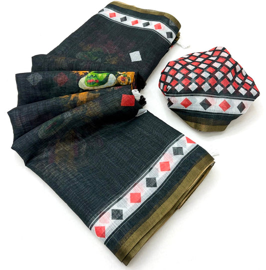 Breathtaking Black Printed Cotton Silk Saree With Unique Blouse Piece