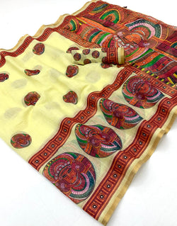 Refreshing Lemon Printed Cotton Silk Saree With Classic Blouse Piece