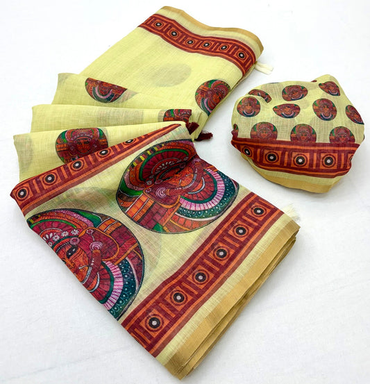 Refreshing Lemon Printed Cotton Silk Saree With Classic Blouse Piece