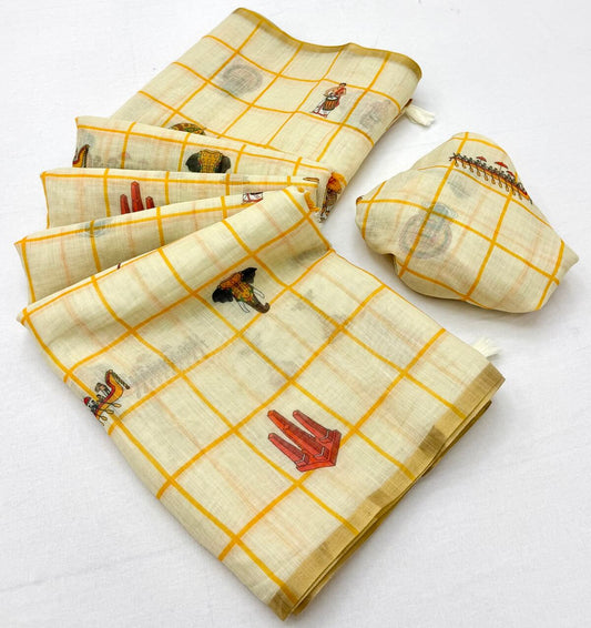 Denouement Beige Printed Cotton Silk Saree With Embrocation Blouse Piece