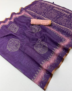 Lissome Purple Printed Cotton Silk Saree With Phenomenal Blouse Piece