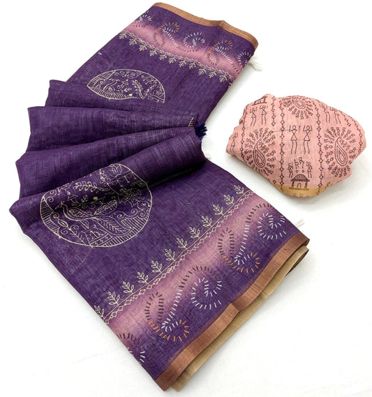 Lissome Purple Printed Cotton Silk Saree With Phenomenal Blouse Piece