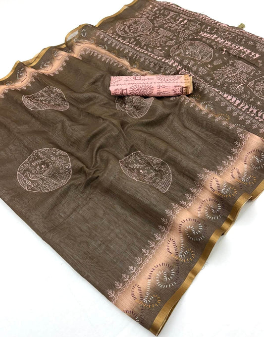 Radiant Brown Printed Cotton Silk Saree With Fairytale Blouse Piece