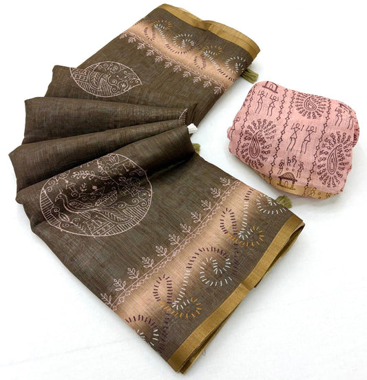 Radiant Brown Printed Cotton Silk Saree With Fairytale Blouse Piece
