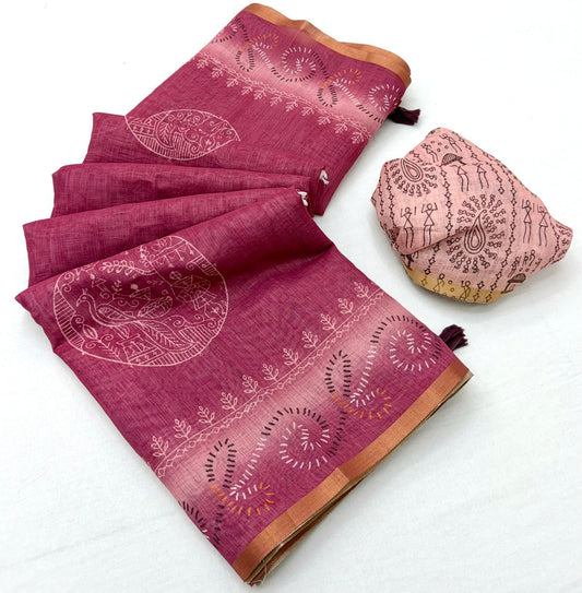 Scrupulous Dark Pink Printed Cotton Silk Saree With Desirable Blouse Piece