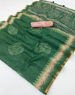 Snazzy Dark Green Printed Cotton Silk Saree With Luminous Blouse Piece