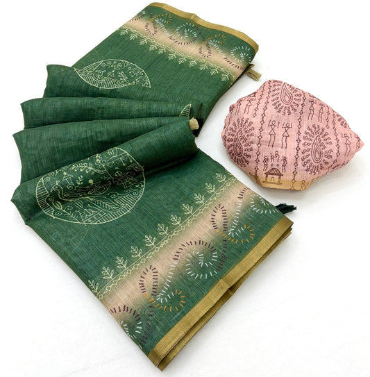 Snazzy Dark Green Printed Cotton Silk Saree With Luminous Blouse Piece