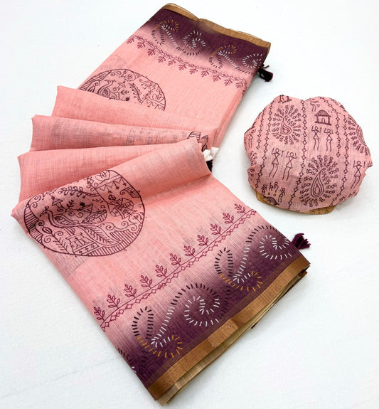 Serendipity Baby Pink Printed Cotton Silk Saree With Whimsical Blouse Piece
