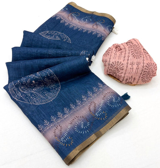 Quixotic Navy Blue Printed Cotton Silk Saree With Charismatic Blouse Piece