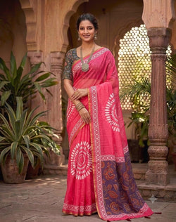 Stylish Dark Pink Printed Cotton Silk Saree With Prominent Blouse Piece