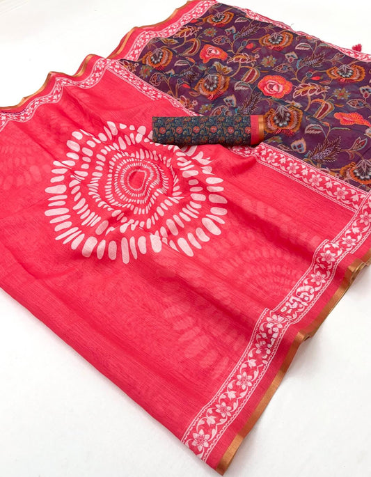 Stylish Dark Pink Printed Cotton Silk Saree With Prominent Blouse Piece