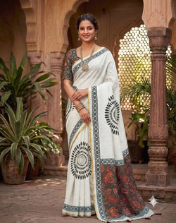 Ethnic Off White Printed Cotton Silk Saree With Extraordinary Blouse Piece